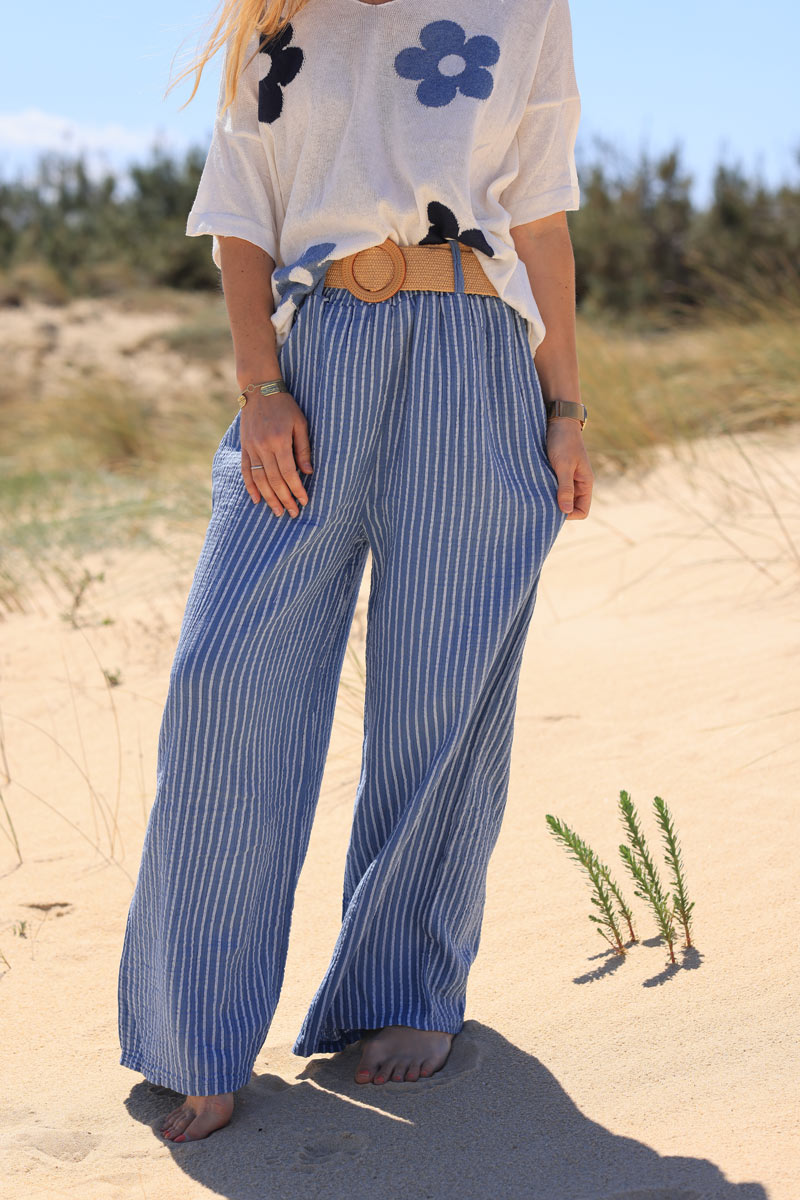 Wide leg blue striped crinkle cotton gauze pants with raphia belt