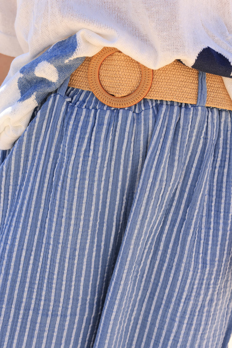 Wide leg blue striped crinkle cotton gauze pants with raphia belt