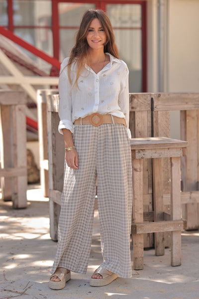 Pantalon Large en Gaze de Coton Carreaux Vichy Beige avec Ceinture