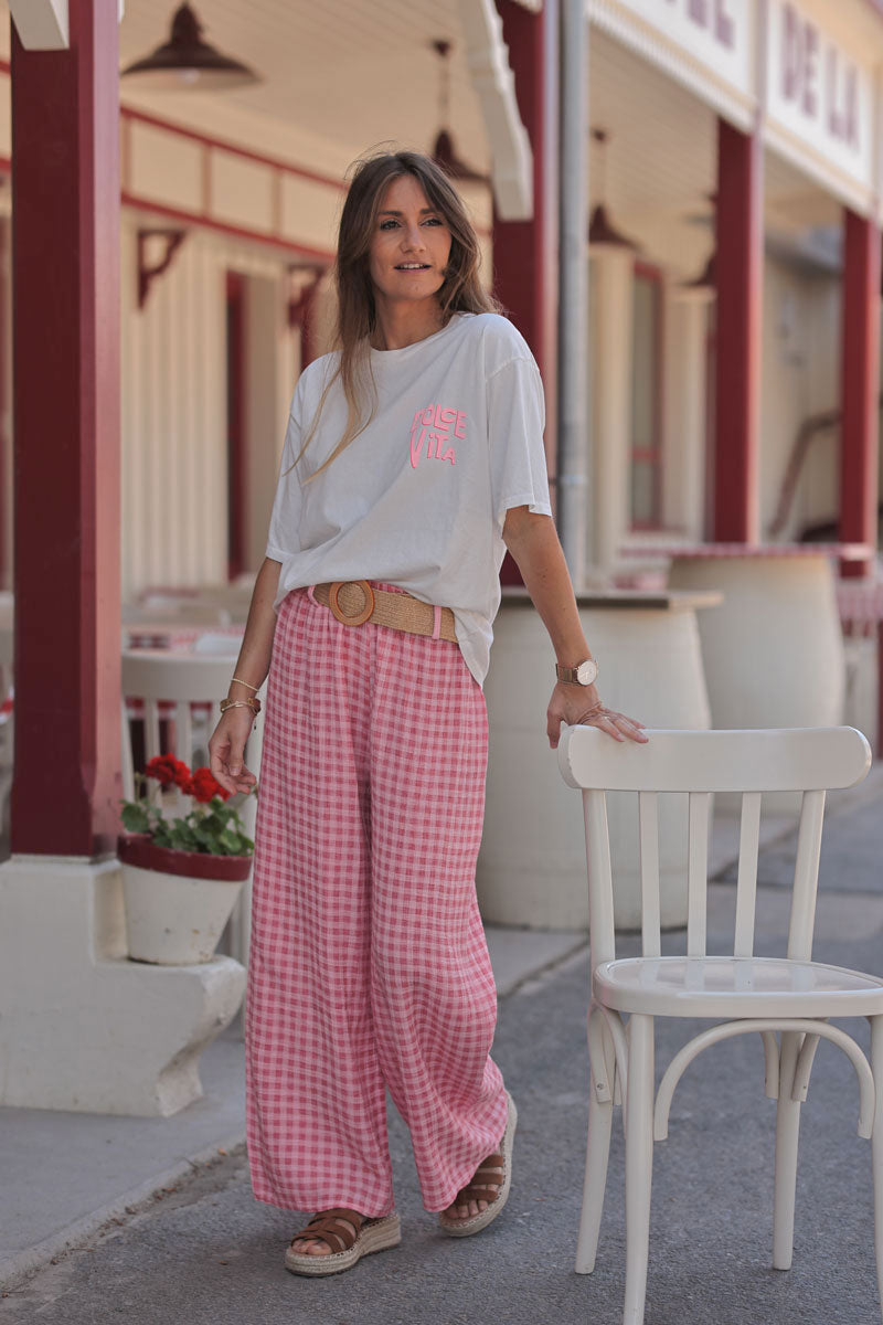 Pink Gingham Gauze Belted Pants