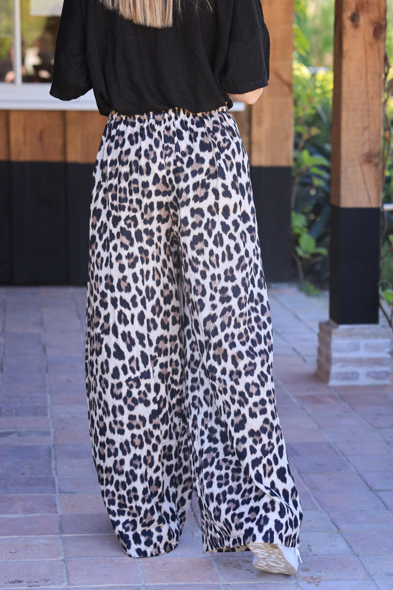 Pantalón ancho de gasa de algodón, cinturilla elástica, estampado de leopardo