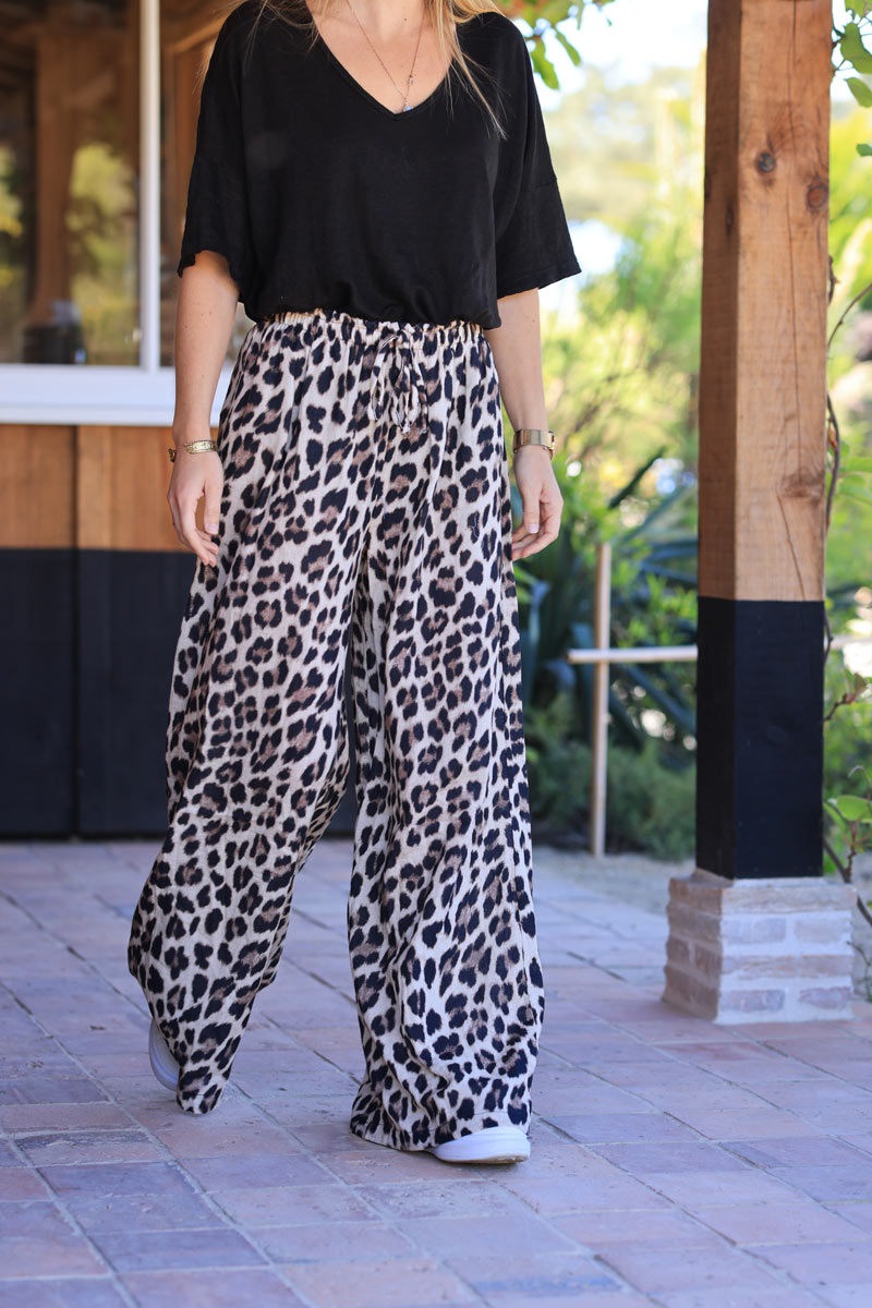Pantalón ancho de gasa de algodón, cinturilla elástica, estampado de leopardo