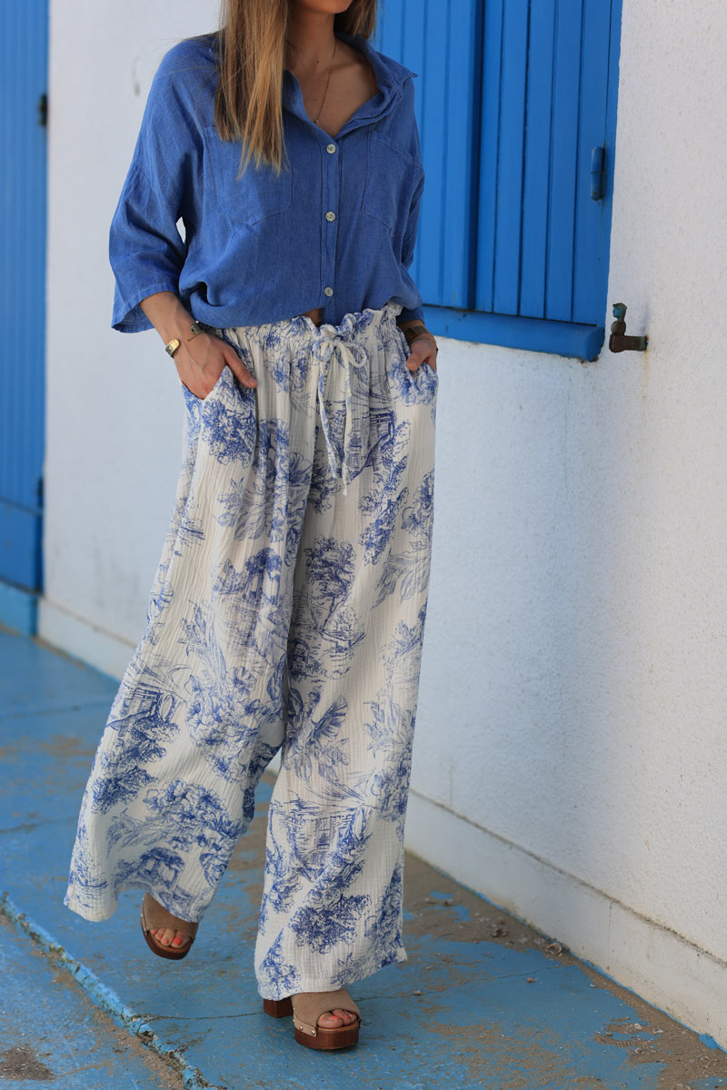 White crinkle cotton wide leg pants with royal blue toile de jouy print