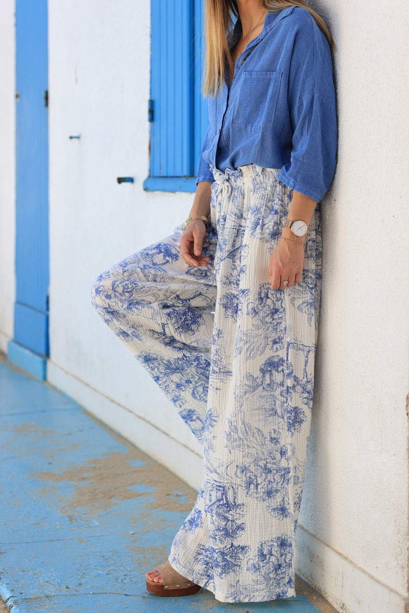 White crinkle cotton wide leg pants with royal blue toile de jouy print