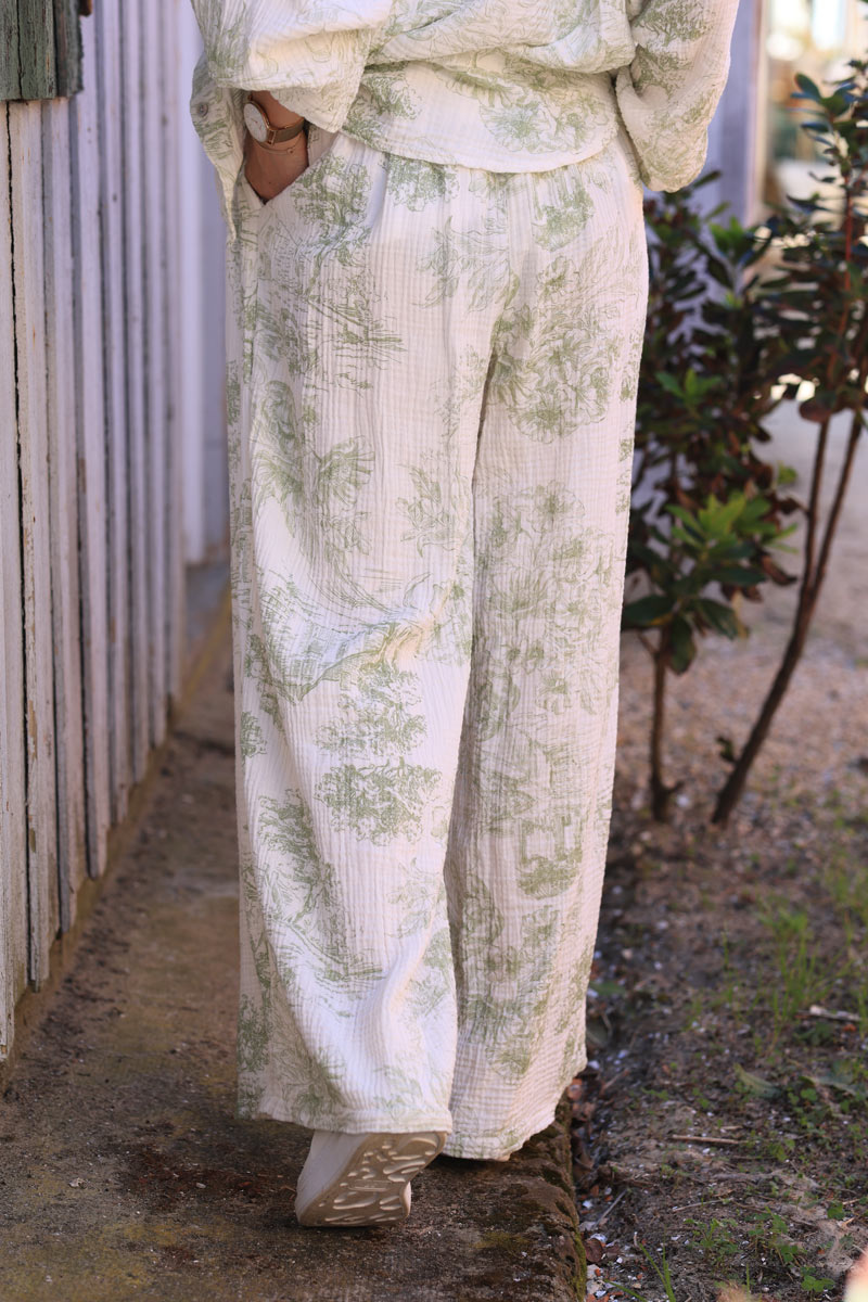 White crinkle cotton wide leg pants with khaki toile de jouy print
