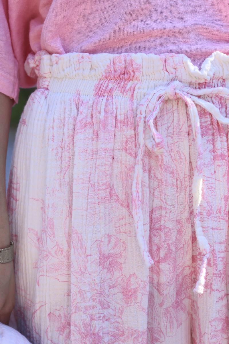 Pantalon large en gaze de coton confort imprimé toile de jouy rose