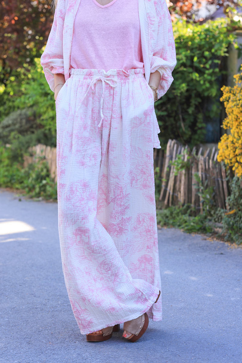 White crinkle cotton wide leg pants with pink toile de jouy print