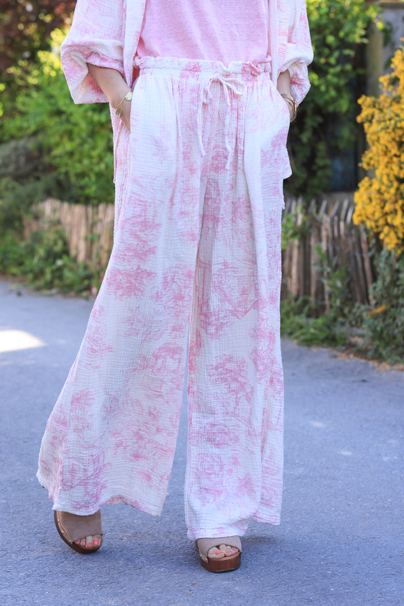 White crinkle cotton wide leg pants with pink toile de jouy print