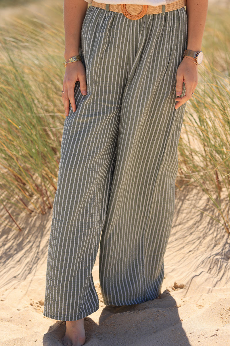 Wide leg khaki striped crinkle cotton gauze pants with raphia belt