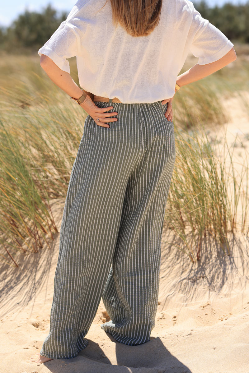 Wide leg khaki striped crinkle cotton gauze pants with raphia belt
