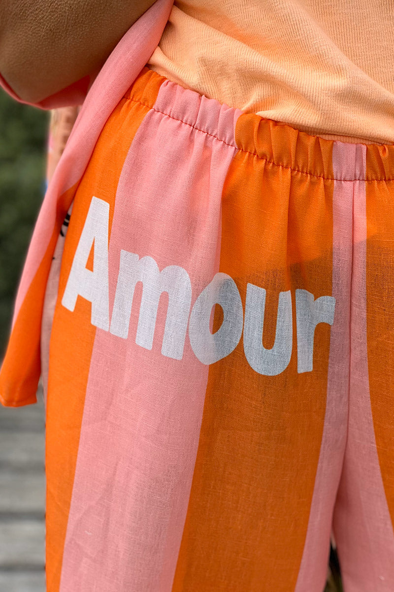 Pantalon large en lin mélangé imprimé vacances d'été rayures orange Amour