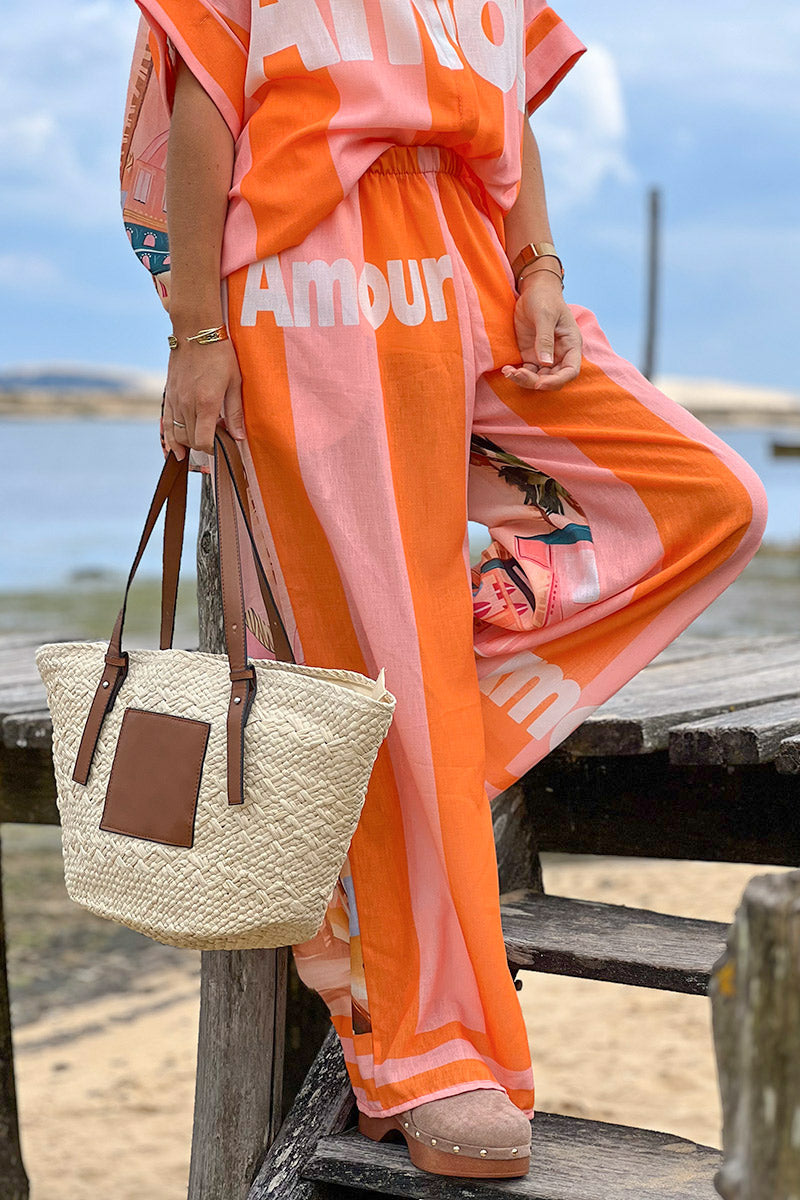 Pantalon large en lin mélangé imprimé vacances d'été rayures orange Amour