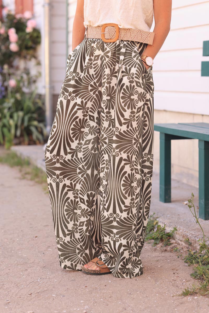 Wide leg linen blend pants with khaki abstract leaves print and raffia belt