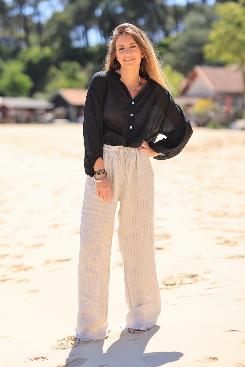 Linen wide leg floaty pants with thin black embroidered stripes