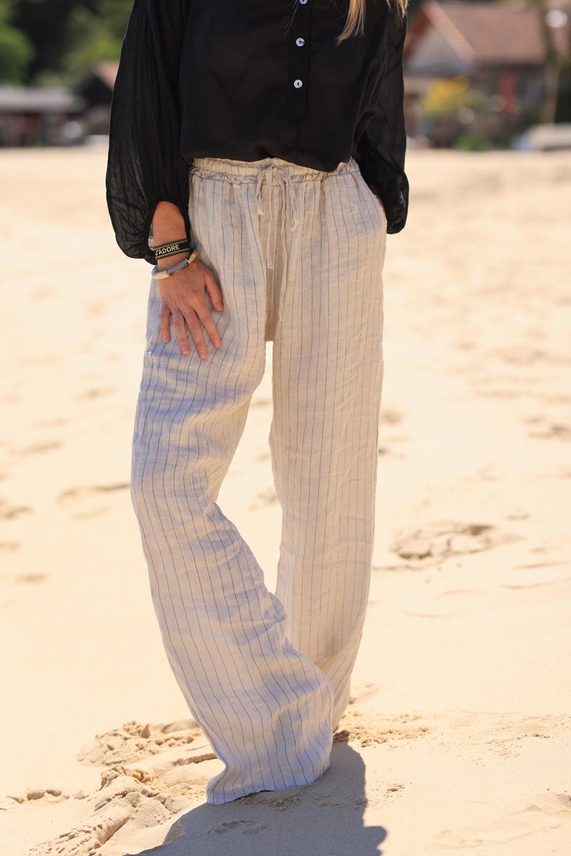 Pantalon large en lin souple liseré fin brodé noir ceinture élastique