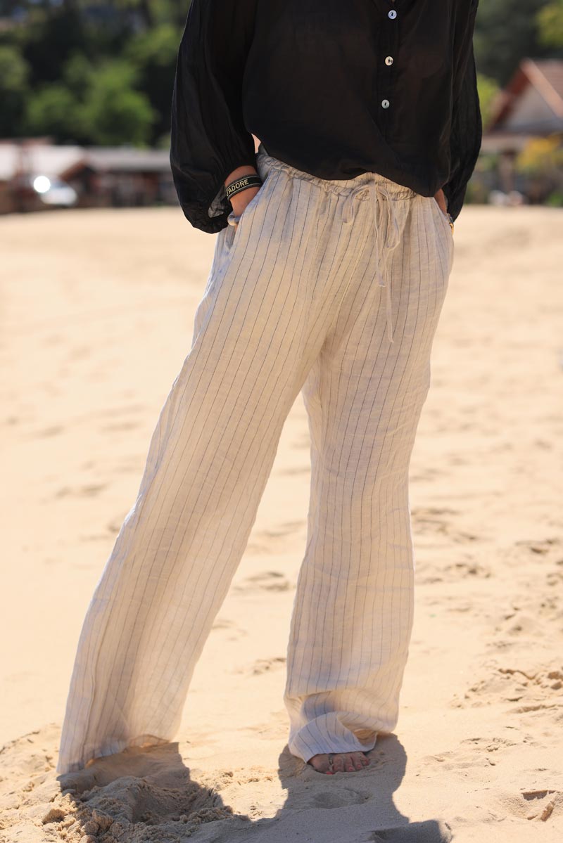 Pantalon large en lin souple liseré fin brodé noir ceinture élastique