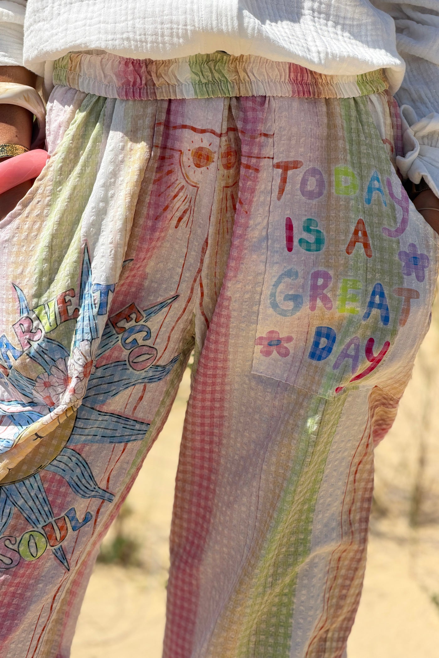 Pink “Happy Days” Pastel Stripe Gauze Beach Pants