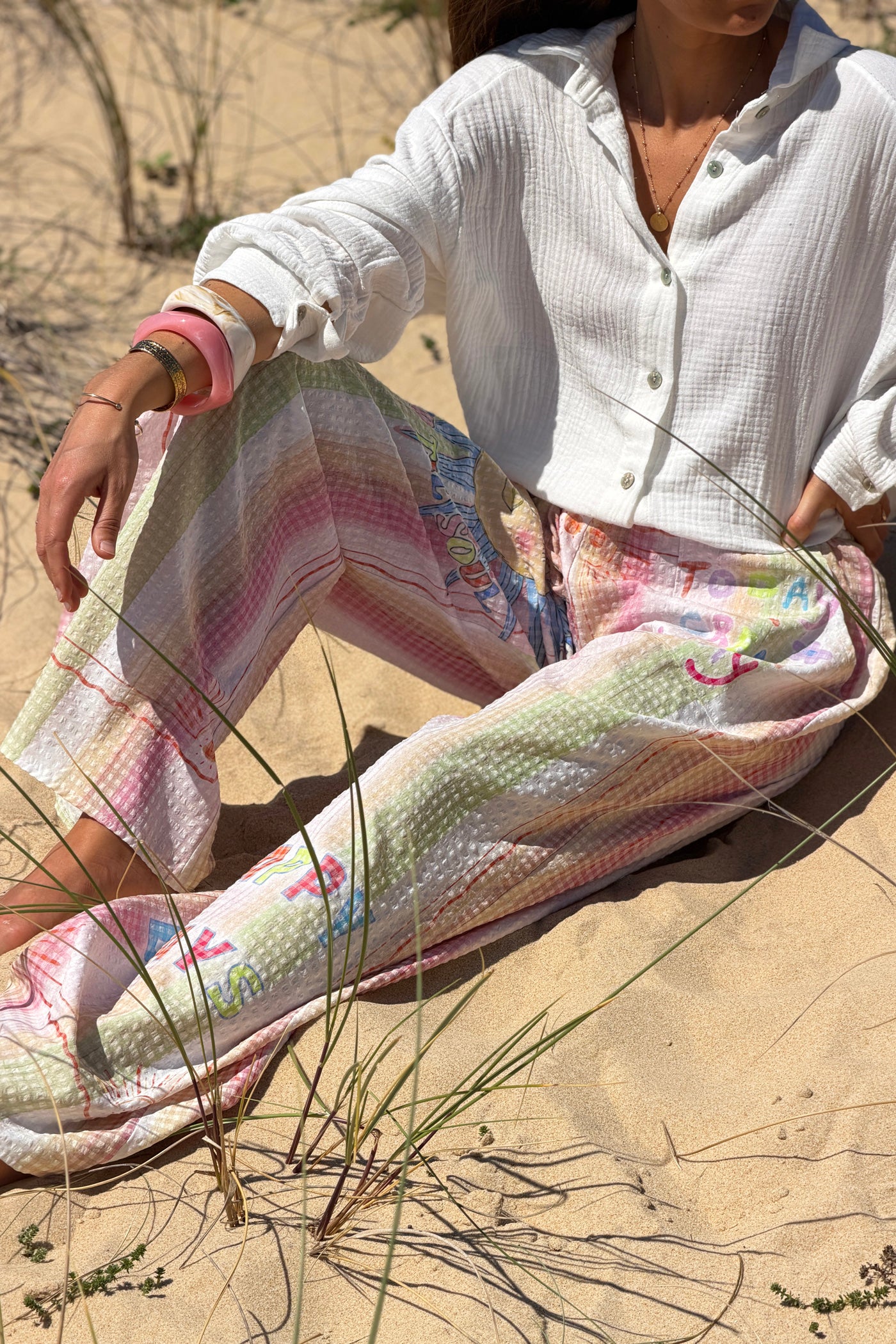 Pink “Happy Days” Pastel Stripe Gauze Beach Pants
