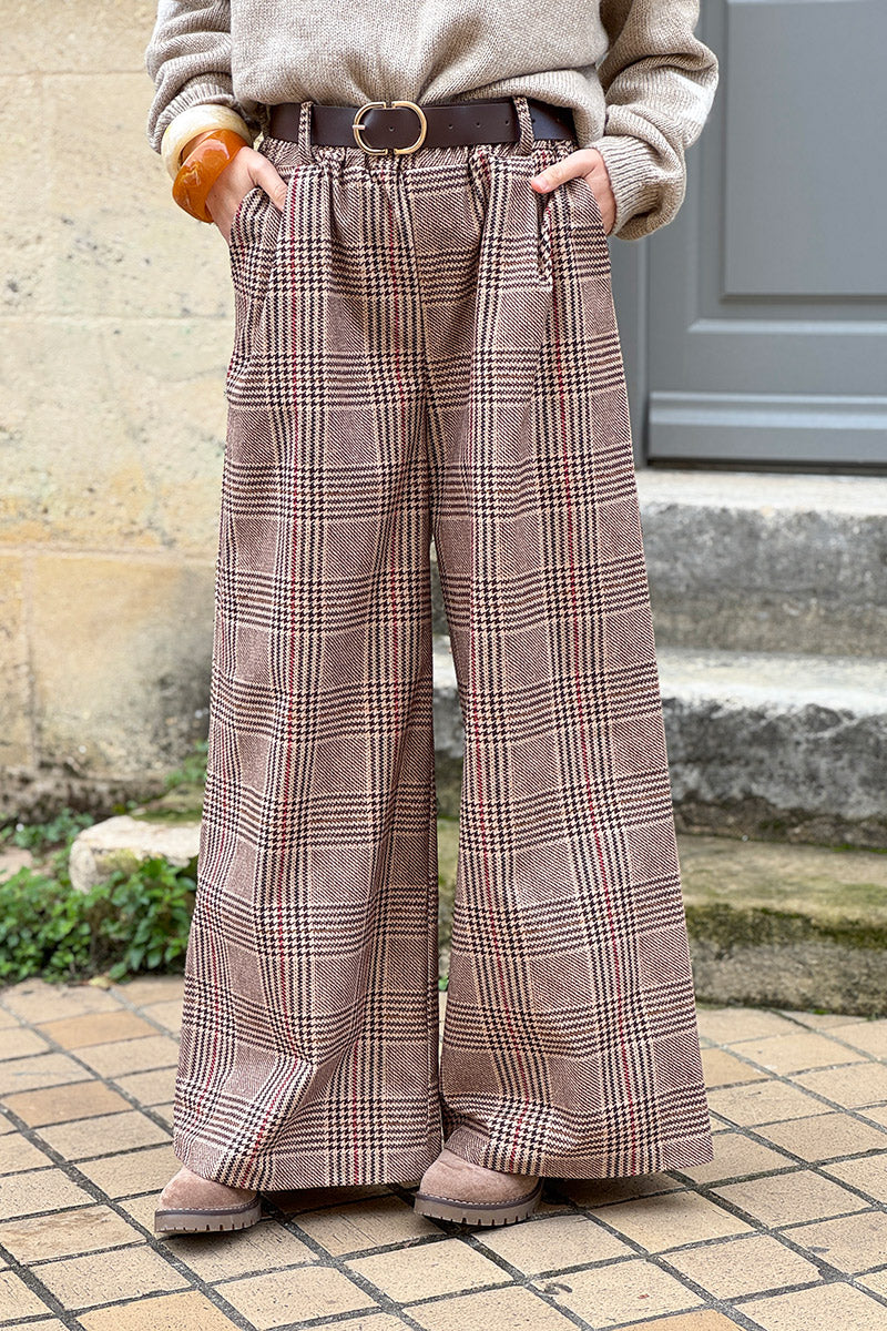 Beige Tweed Plaid Pull-On Pants with Belt