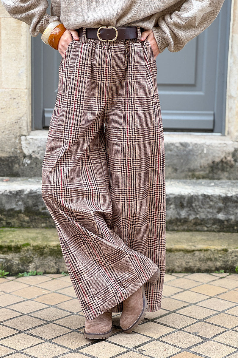 Beige Tweed Plaid Pull-On Pants with Belt