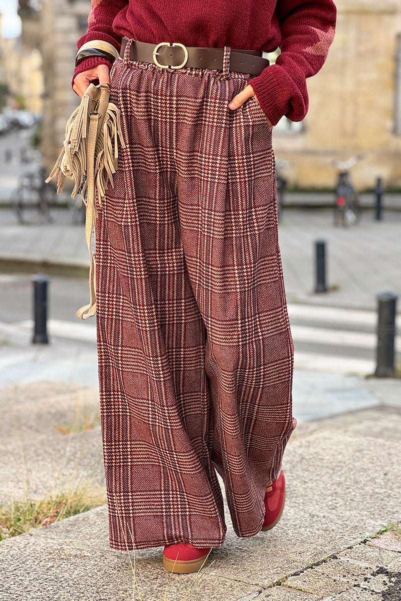 Burgundy Tweed Plaid Pull-On Pants with Belt
