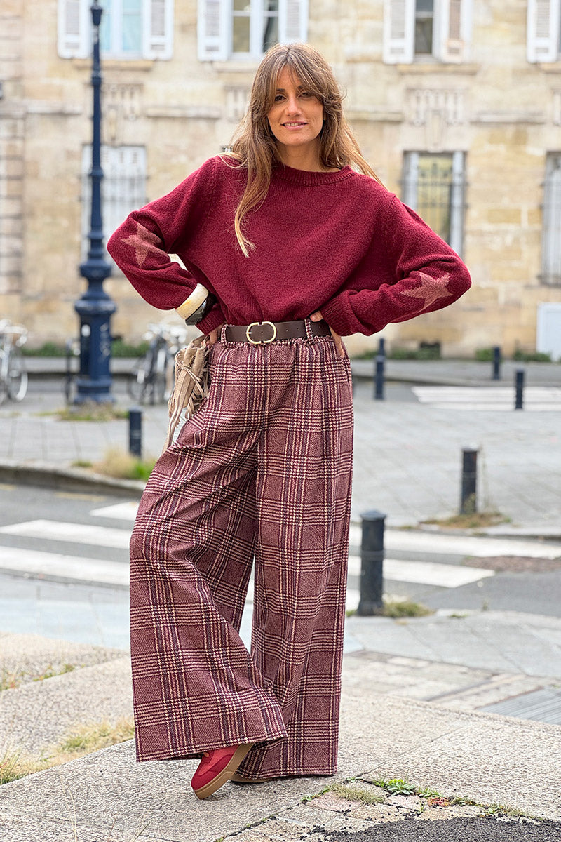 Burgundy Tweed Plaid Pull-On Pants with Belt