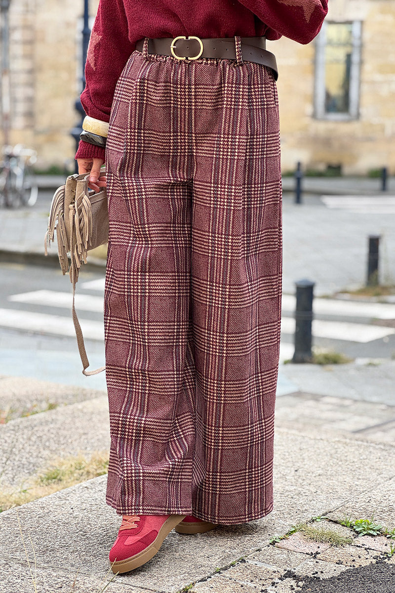 Burgundy Tweed Plaid Pull-On Pants with Belt