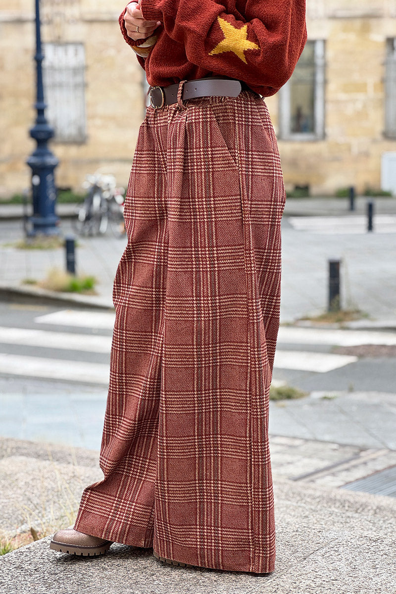 Camel Tweed Plaid Pull-On Pants with Belt