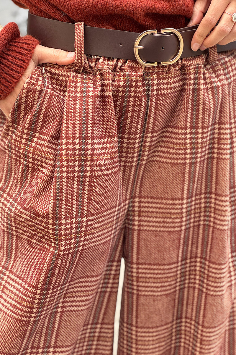 Camel Tweed Plaid Pull-On Pants with Belt