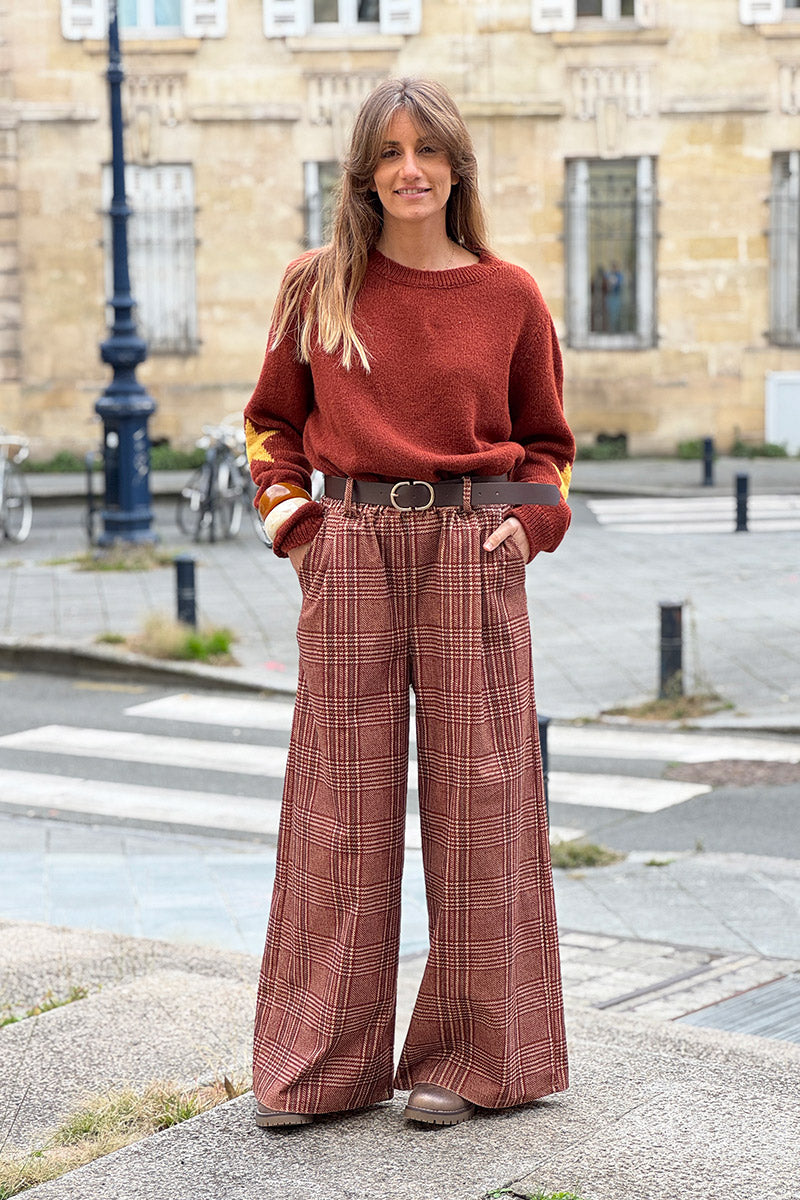Camel Tweed Plaid Pull-On Pants with Belt