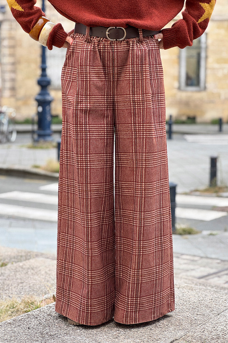 Camel Tweed Plaid Pull-On Pants with Belt