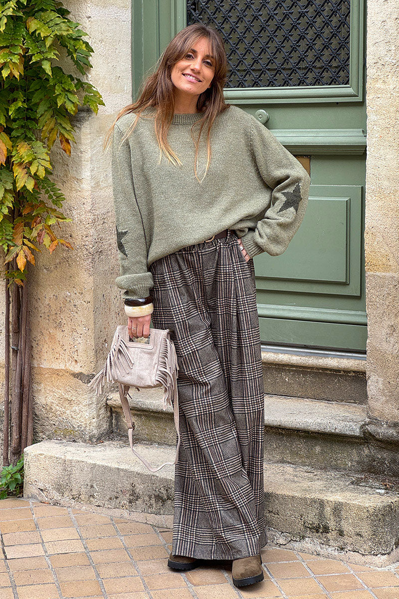 Olive Tweed Plaid Pull-On Pants with Belt