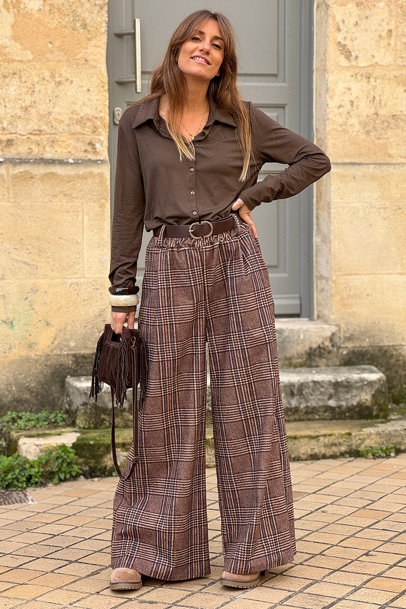 Brown Tweed Plaid Pull-On Pants with Belt