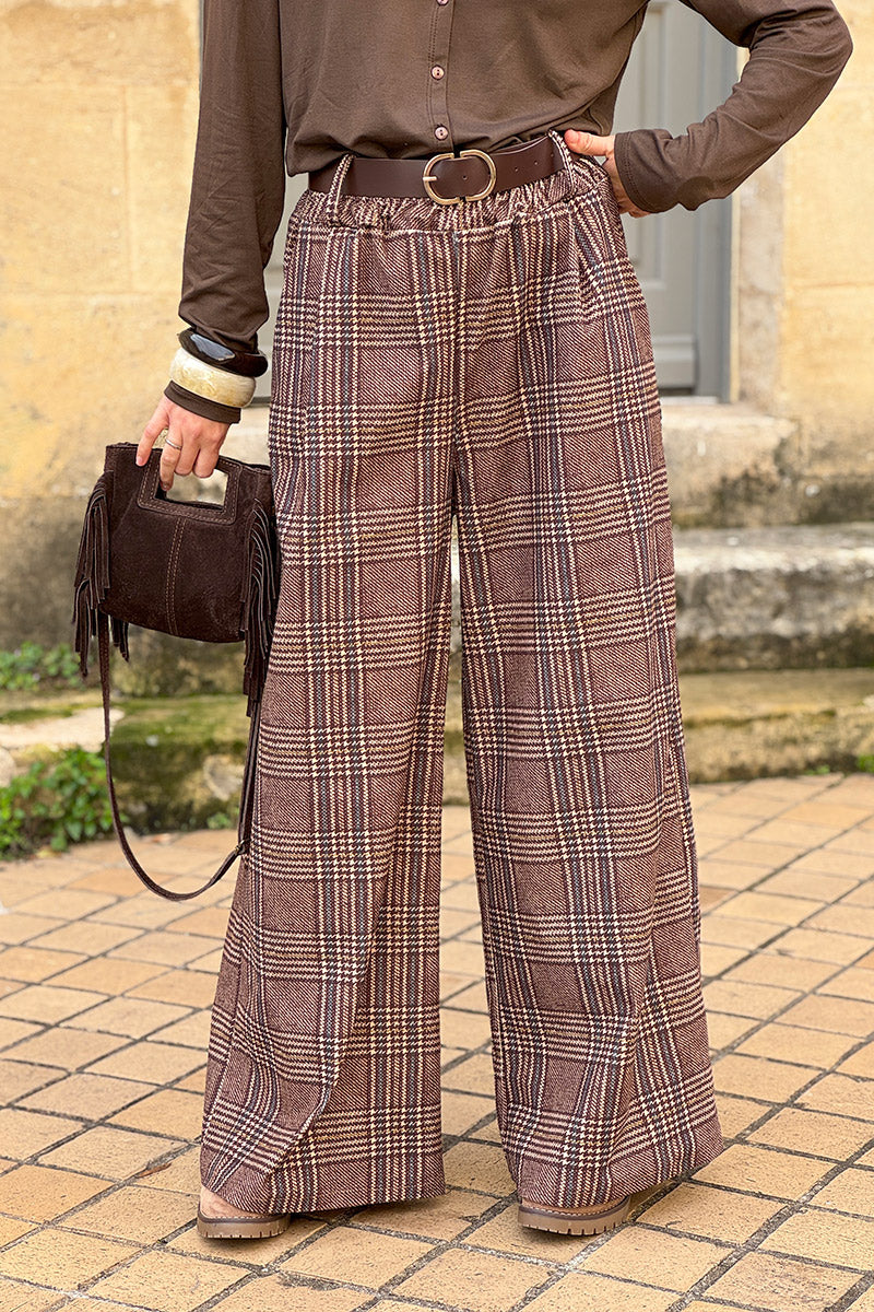 Brown Tweed Plaid Pull-On Pants with Belt