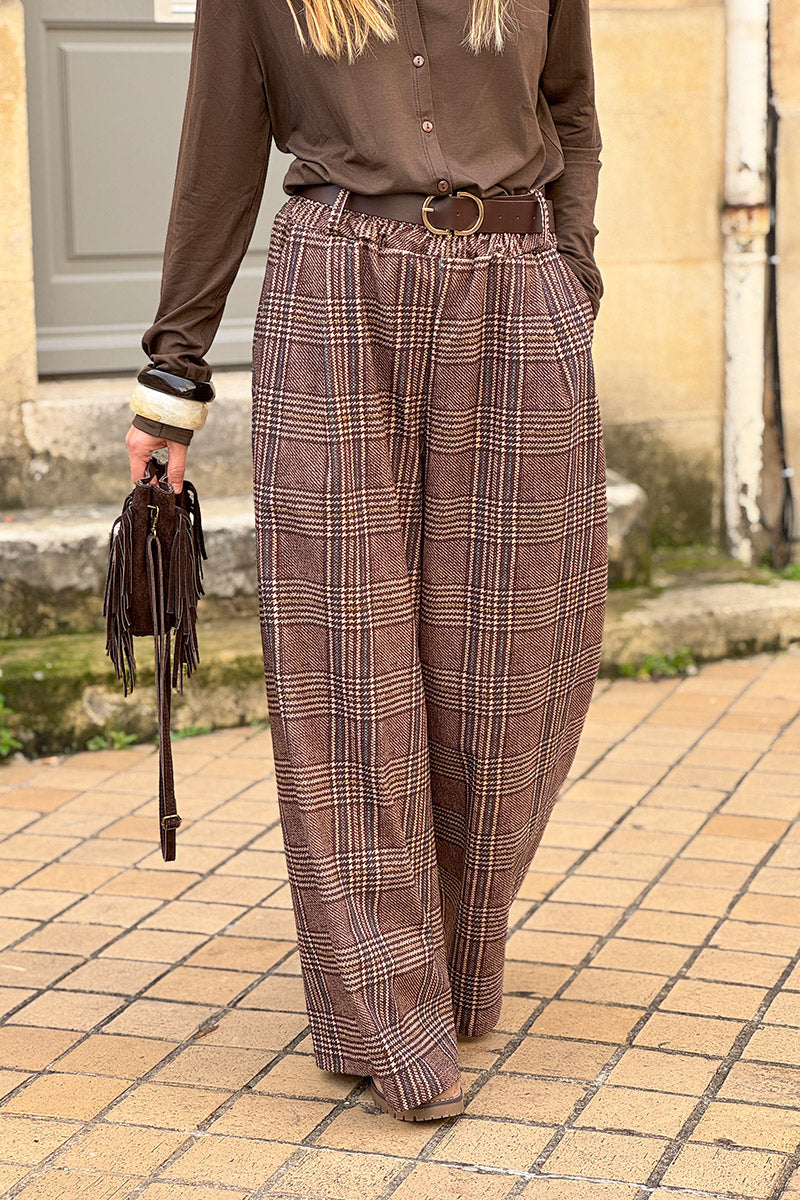 Brown Tweed Plaid Pull-On Pants with Belt