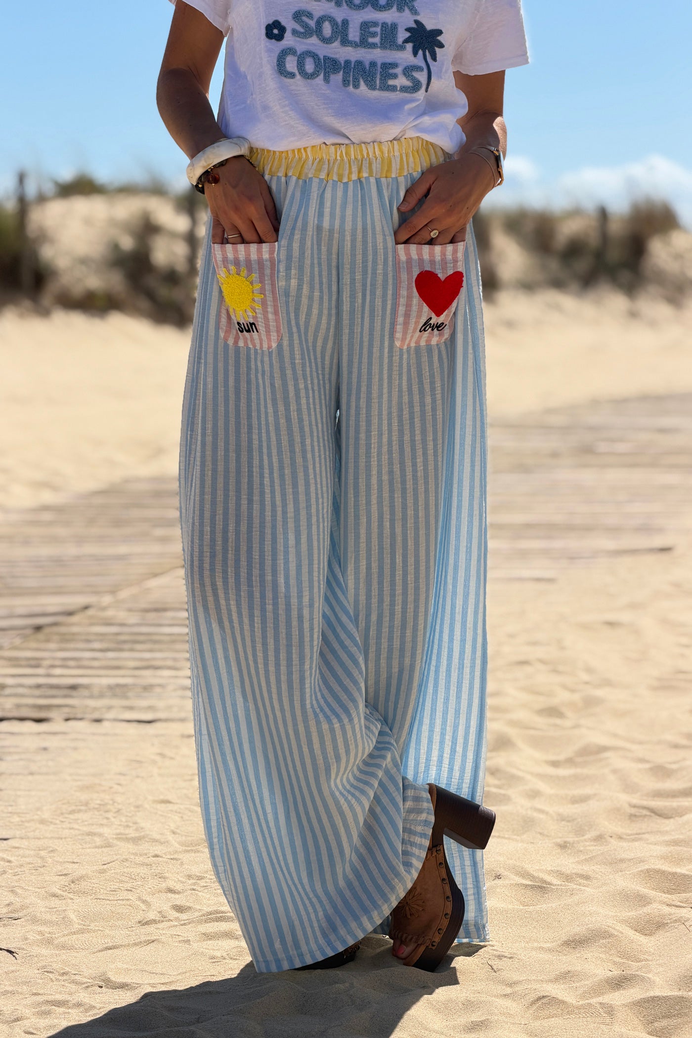 Blue Pastel Pinstripe Embroidered Pocket Pants

