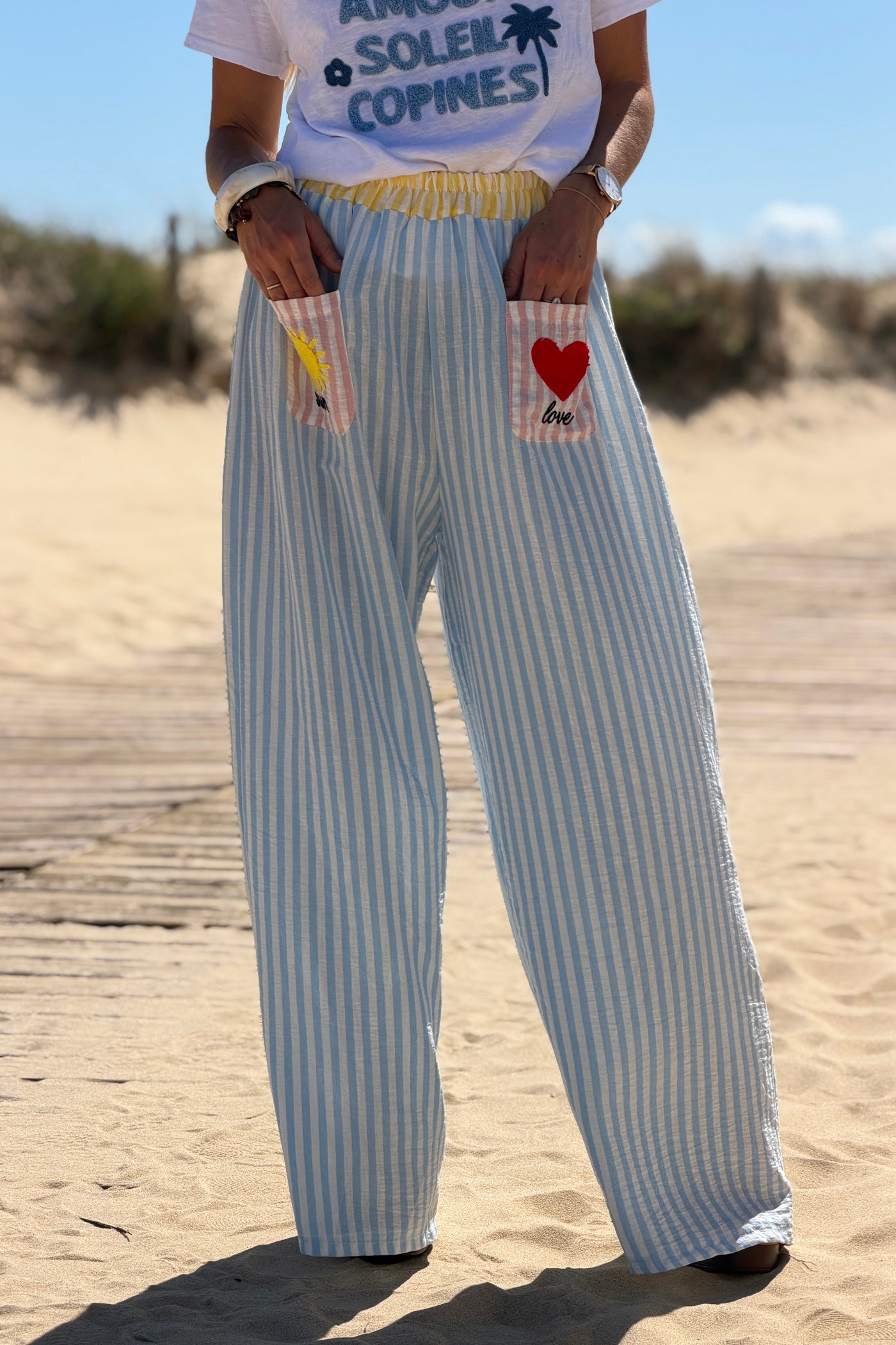 Blue Pastel Pinstripe Embroidered Pocket Pants

