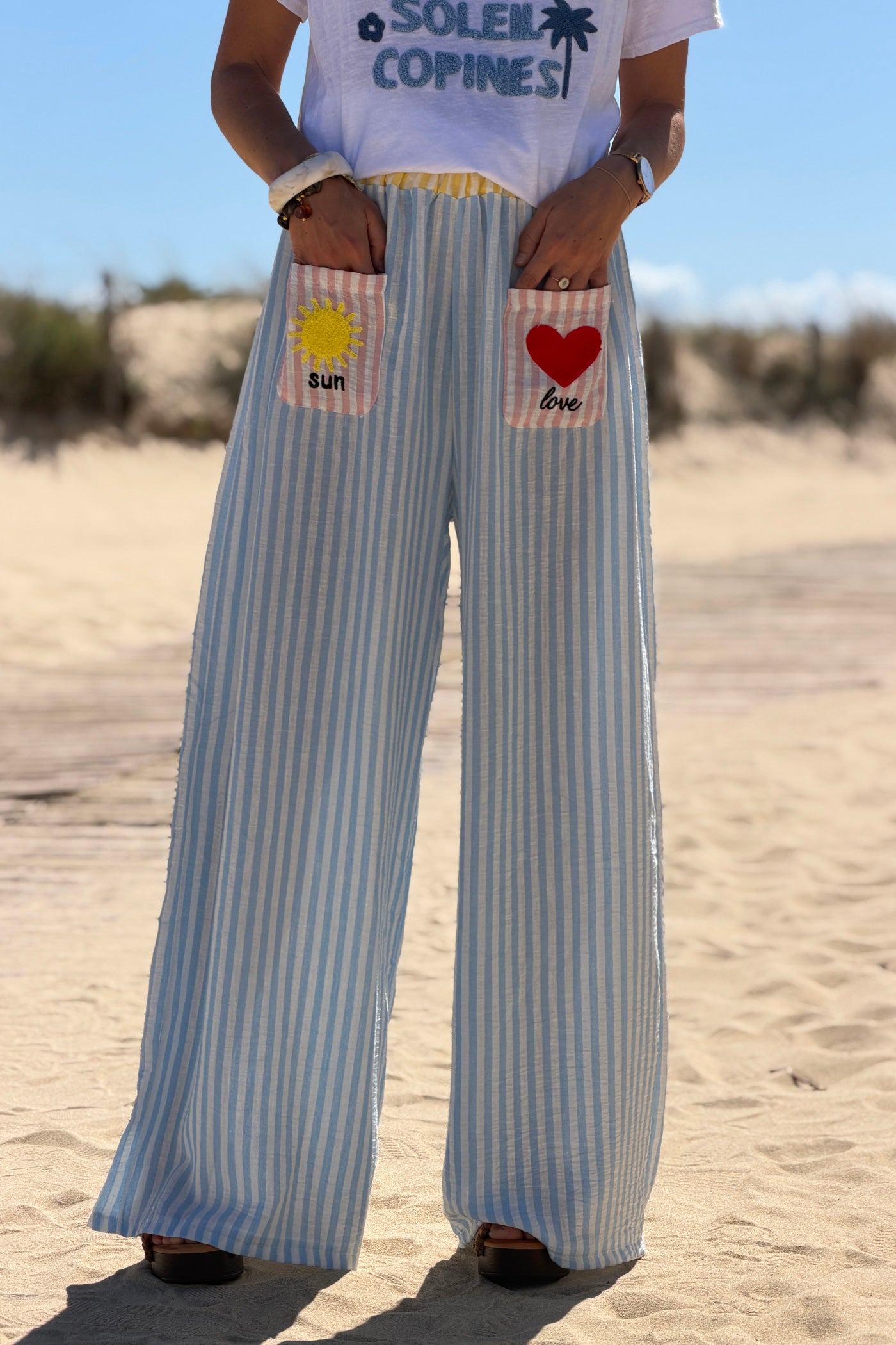 Blue Pastel Pinstripe Embroidered Pocket Pants

