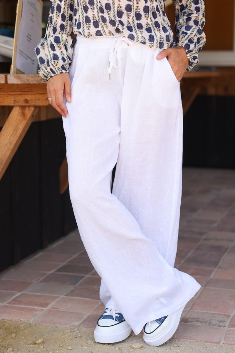 Pantalon large et fluide blanc en coton ceinture elastique h122 (1)