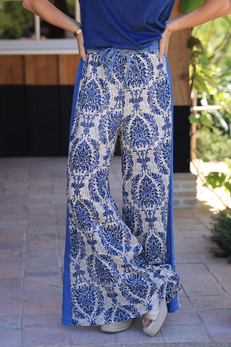 Wide leg dusty blue paisley print pants with denim outseams