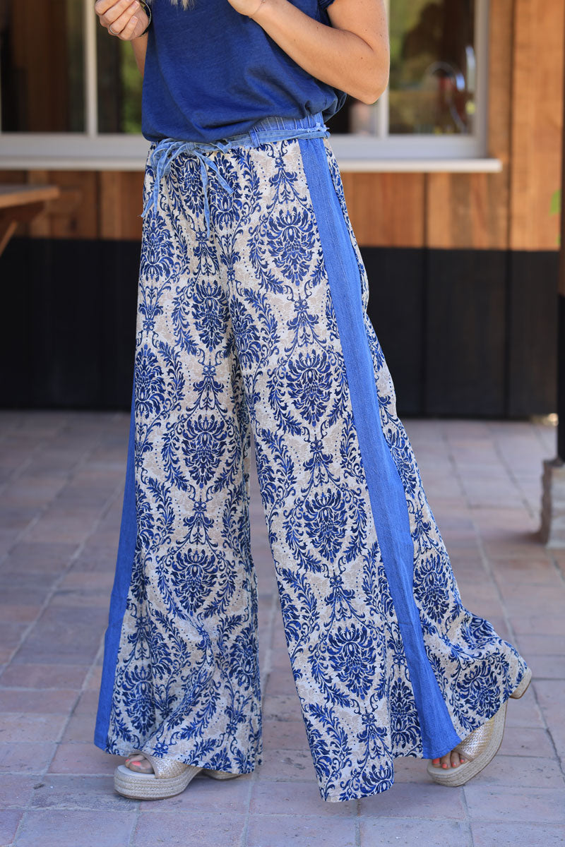 Wide leg dusty blue paisley print pants with denim outseams