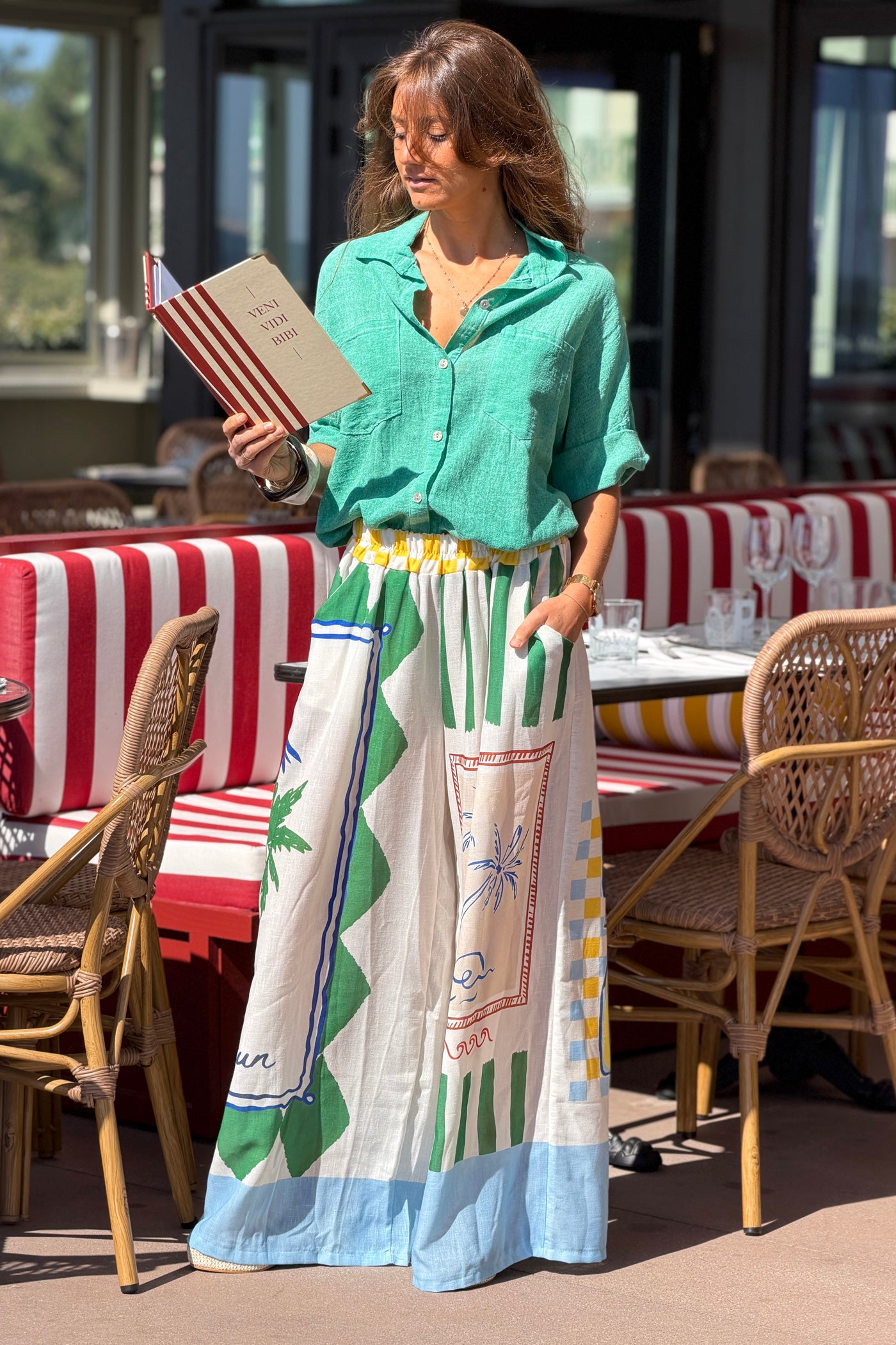 Pantalon large imprimé vert et bleu palmiers Limoncello taille élastique