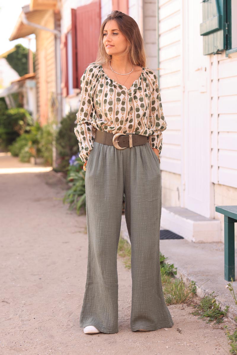 Khaki wide leg textured crinkle cotton gauze pants 