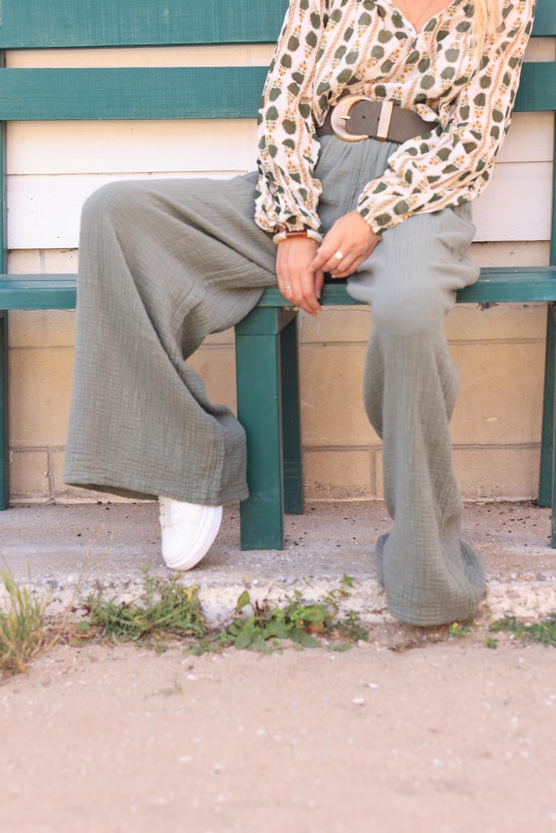 Khaki wide leg textured crinkle cotton gauze pants 