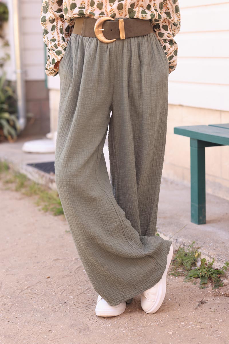 Khaki wide leg textured crinkle cotton gauze pants 