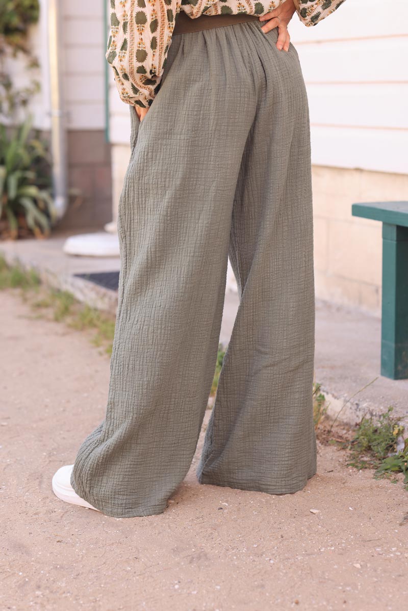 Khaki wide leg textured crinkle cotton gauze pants 