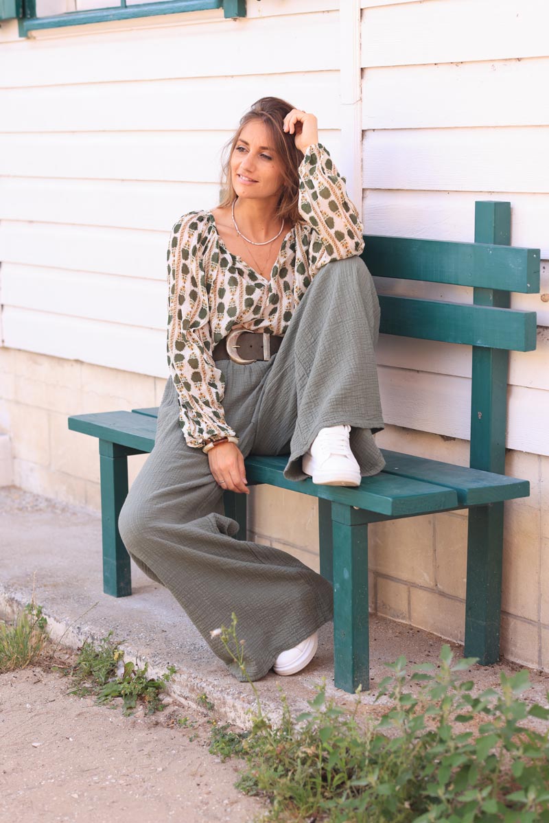 Khaki wide leg textured crinkle cotton gauze pants 