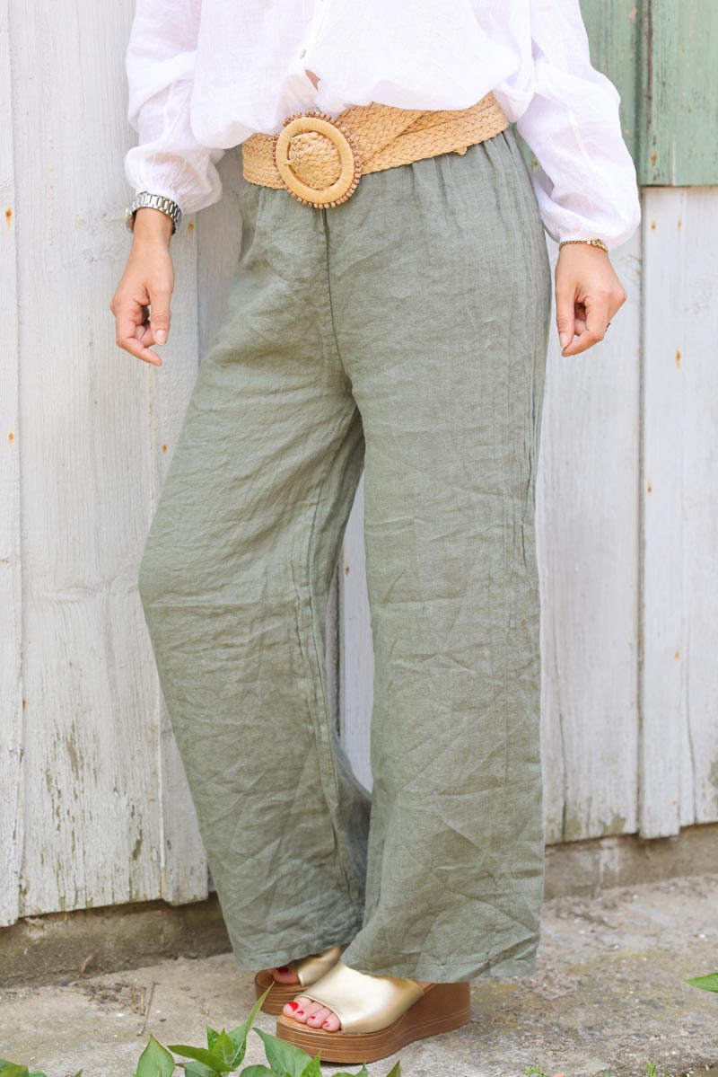 Pantalon large kaki en lin ceinture elastique H092 (1)