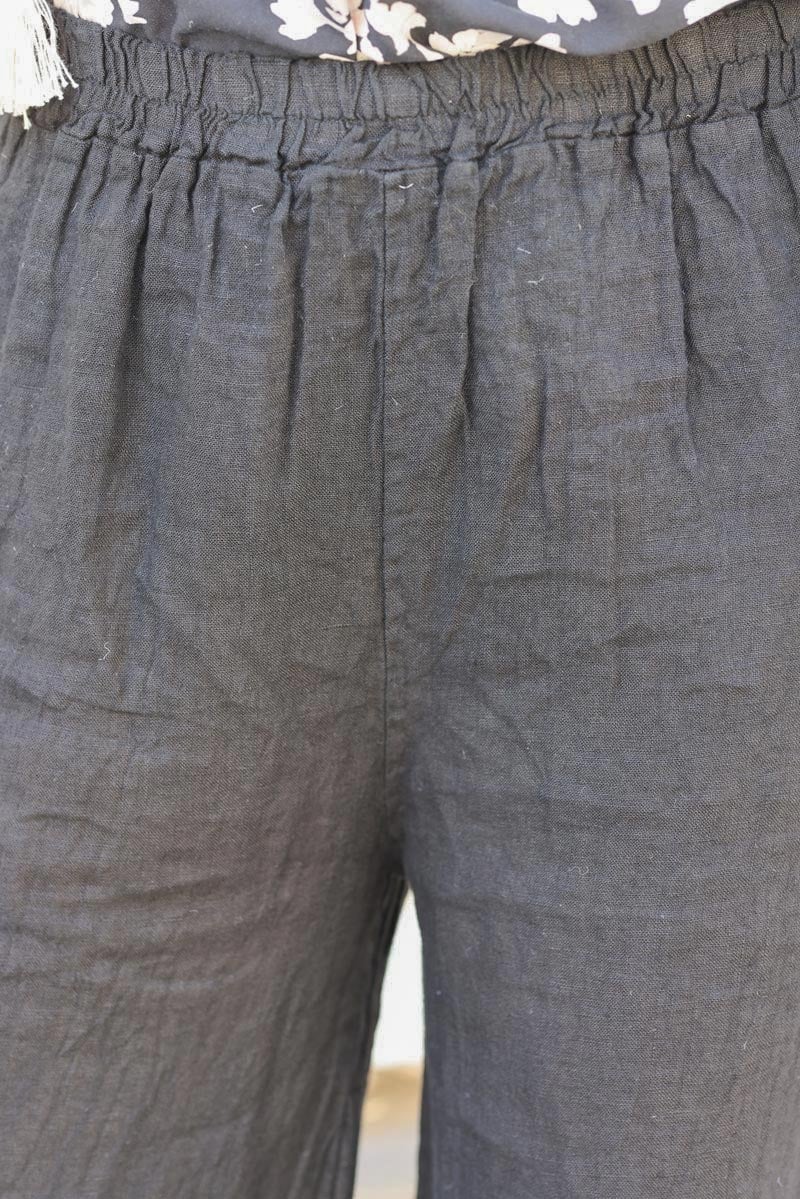 Pantalon large noir en lin ceinture elastique H092 (1)