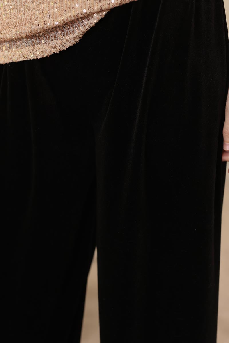 Pantalon large noir en velours ras souple g242 (1)